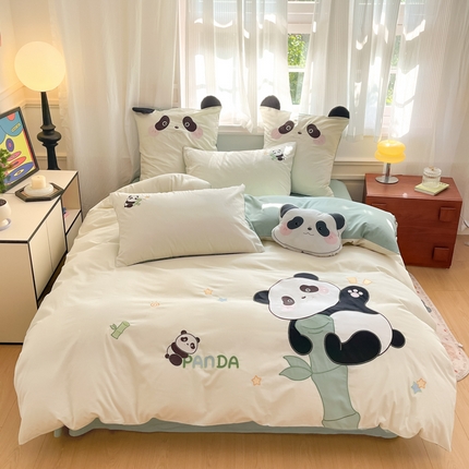 博雅 2025新款全棉贴布绣卡通四件套 绣花款-运动熊猫