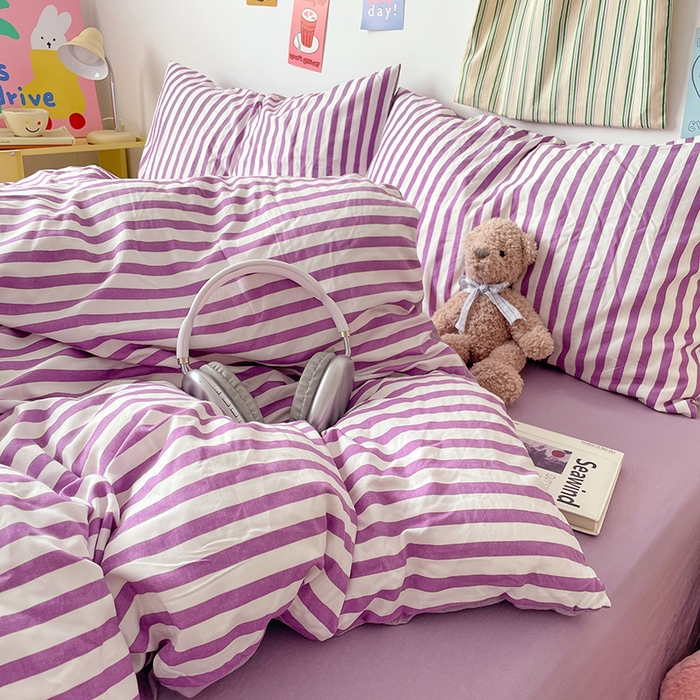 91家纺网 家纺一手货源 找家纺 卡斯诺家纺馆 2025新款水洗云朵棉四件套【下载文件夹包含买家秀】 甜辣风-酱紫条