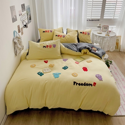 91家纺网 家纺一手货源 找家纺 花伞家居 2025新款可爱毛巾绣水洗棉四件套-自由自在（提供买家秀） 自由自在-黄深灰