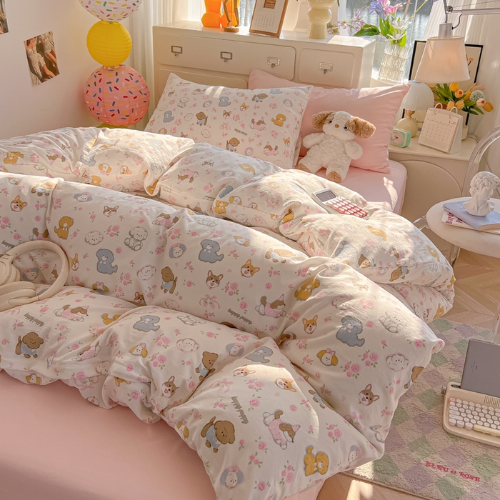 91家纺网 家纺一手货源 找家纺 韩巢家纺 2025新款超柔水洗棉印花被套床单床上用品四件套  灰蒙小狗