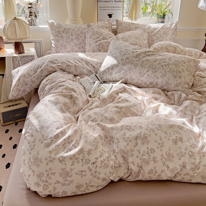 91家纺网 家纺一手货源 找家纺 逸尚阁 2025新款针织双层纱印花四件套（提供买家秀） 黛弦-杏