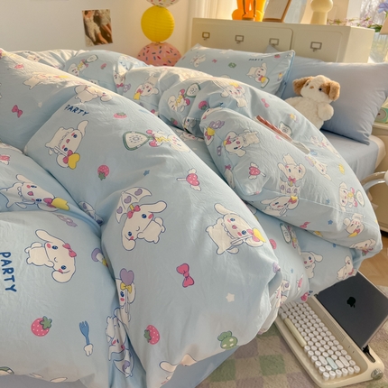 韩巢家纺 2025新款超柔水洗棉印花被套床单床上用品四件套  糖果小白