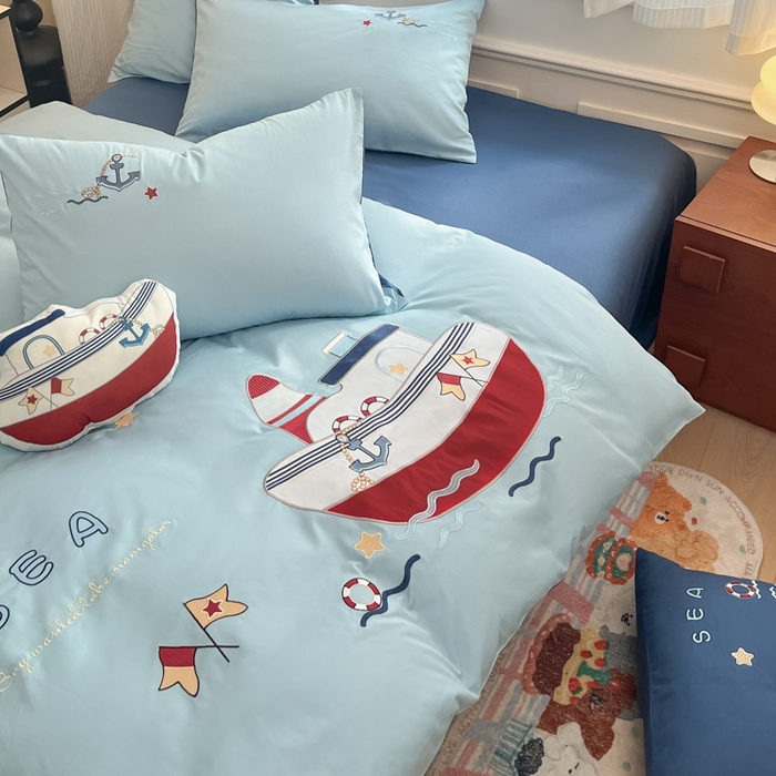 91家纺网 家纺一手货源 找家纺 博雅 2025新款全棉贴布绣卡通四件套 绣花款-海盗船