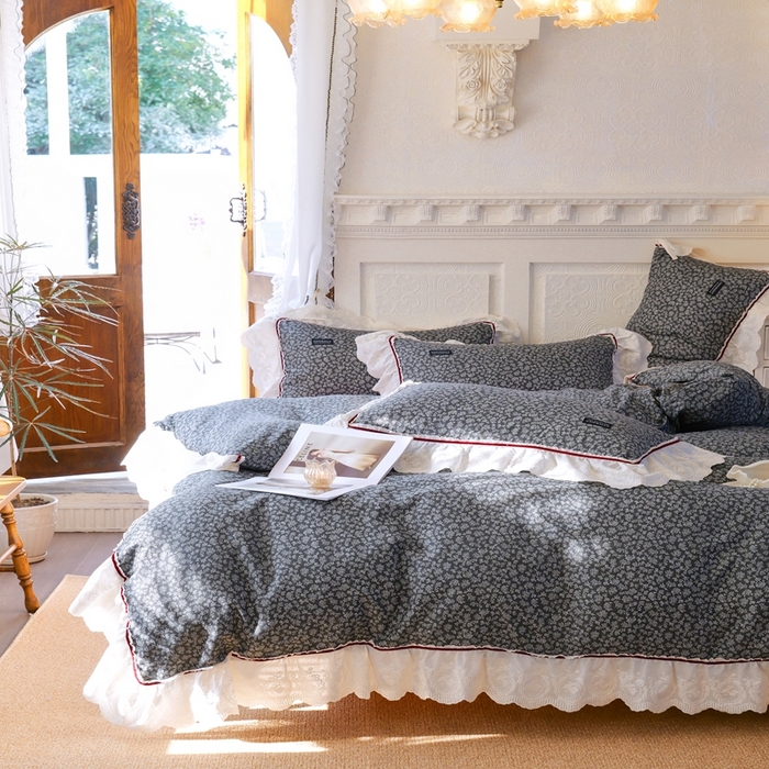 91家纺网 家纺一手货源 找家纺 久典2025A类法式复古双层纱织带贴边花边款四件套 莫奈