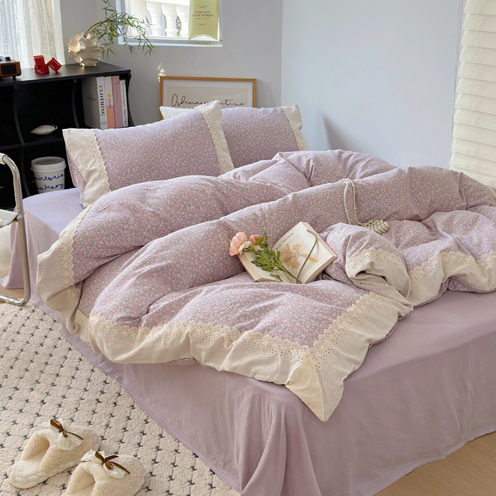 91家纺网 家纺一手货源 找家纺 澳萝拉 2025新款小碎花清新春夏全棉花边双层纱韩系三件套四件套 莫奈花园