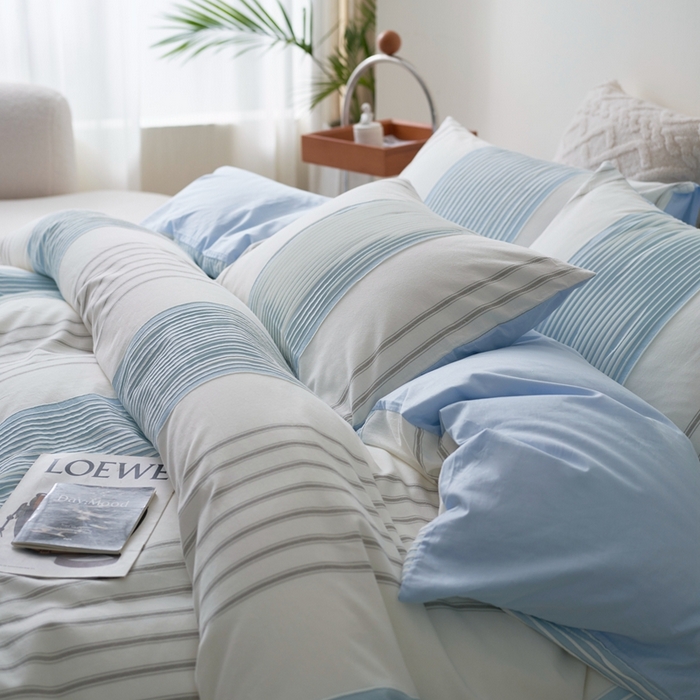 91家纺网 家纺一手货源 找家纺 金丝鸟家纺 2025新款全棉三层纱提花晴岚系列四件套 晴岚 天蓝