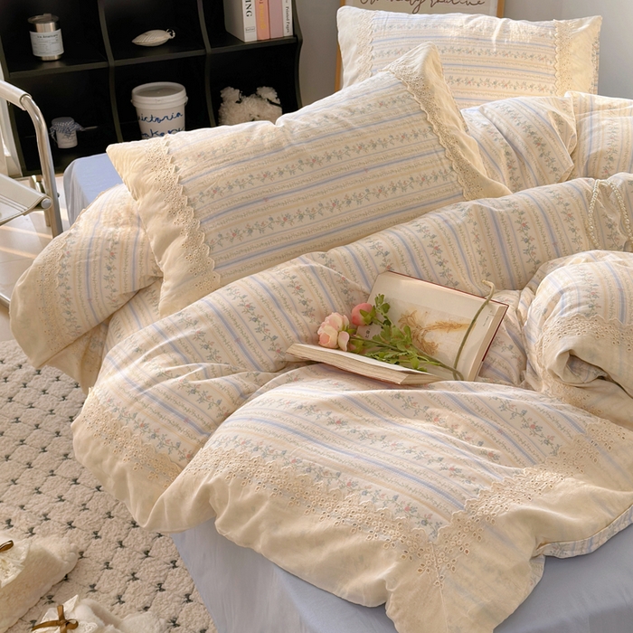 91家纺网 家纺一手货源 找家纺 澳萝拉 2025新款小碎花清新春夏全棉花边双层纱韩系三件套四件套 白兰地