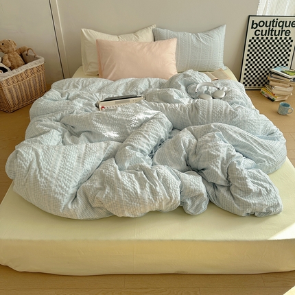 91家纺网 家纺一手货源 找家纺 轻奢坊 2025新款色织提花复古格子四件套 安妮-蓝