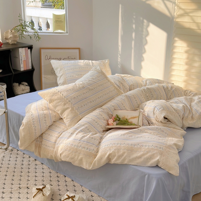 91家纺网 家纺一手货源 找家纺 （总）澳萝拉 2025新款小碎花清新春夏全棉花边双层纱韩系三件套四件套