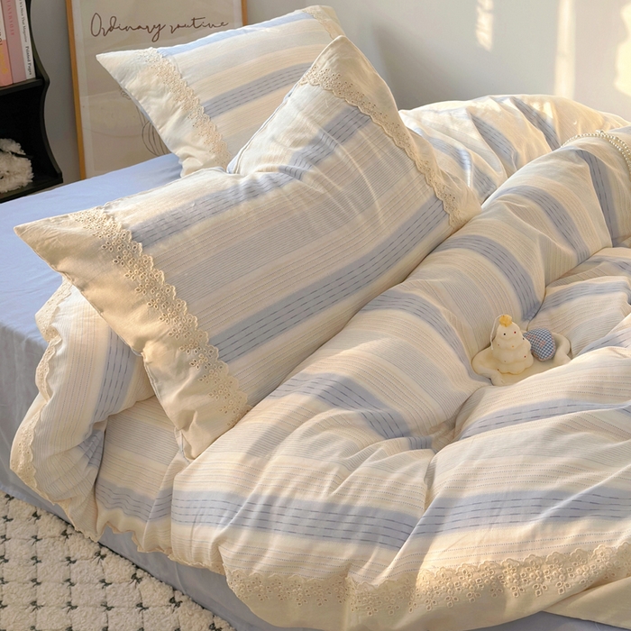 91家纺网 家纺一手货源 找家纺 澳萝拉 2025新款小碎花清新春夏全棉花边双层纱韩系三件套四件套 可露丽-蓝