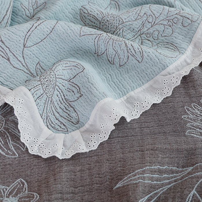 91家纺网 家纺一手货源 找家纺 朴尔2025年新款韩式花边纯棉竹纤维加大成人纱布毛巾被 怒放-蓝毛巾被