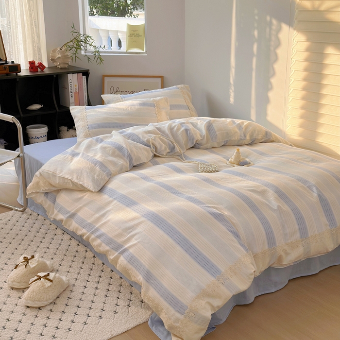 91家纺网 家纺一手货源 找家纺 澳萝拉 2025新款小碎花清新春夏全棉花边双层纱韩系三件套四件套 可露丽-蓝