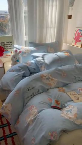 91家纺网 家纺一手货源 找家纺 澳萝拉 2025新款小碎花清新春夏全棉花边双层纱韩系三件套四件套 甜心小猫