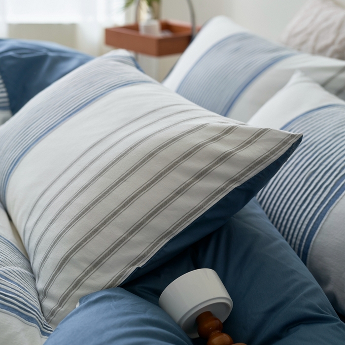 91家纺网 家纺一手货源 找家纺 金丝鸟家纺 2025新款全棉三层纱提花晴岚系列四件套 晴岚 深蓝