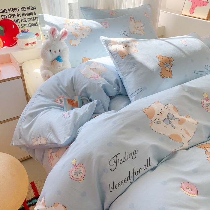 91家纺网 家纺一手货源 找家纺 澳萝拉 2025新款小碎花清新春夏全棉花边双层纱韩系三件套四件套 甜心小猫