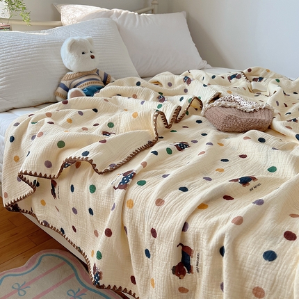 91家纺网 家纺一手货源 找家纺 三朵ins风韩国A类全棉绉绉纱多功能毯情图 波点狗