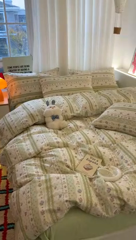 91家纺网 家纺一手货源 找家纺 澳萝拉 2025新款小碎花清新春夏全棉花边双层纱韩系三件套四件套 花丛兔