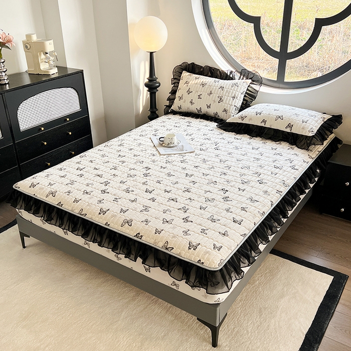 91家纺网 家纺一手货源 找家纺 眠势力 2025新款赫本风花边床笠四季通用加厚夹棉席梦思保护套 蝴蝶飞