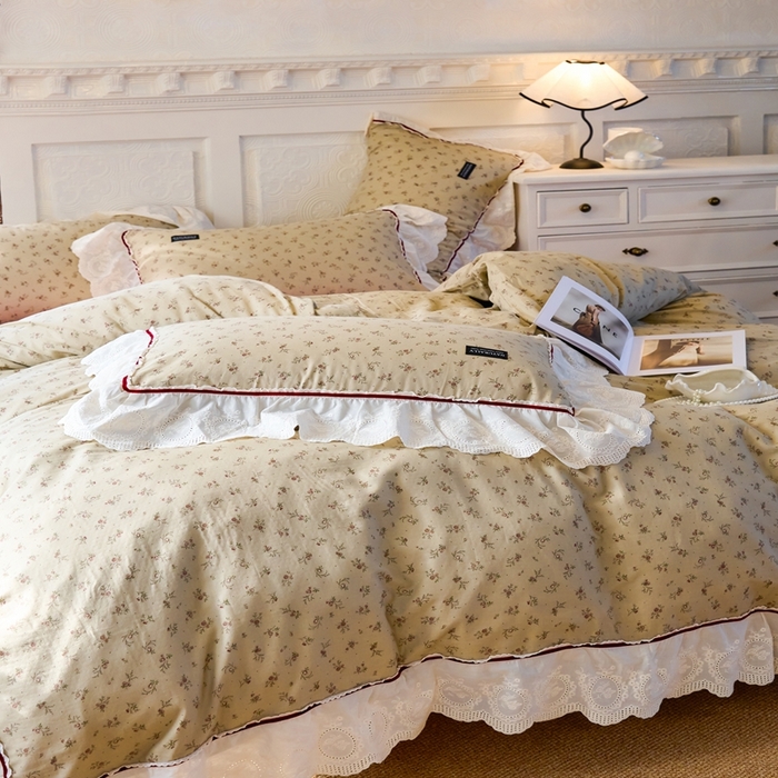 91家纺网 家纺一手货源 找家纺 久典2025A类法式复古双层纱织带贴边花边款四件套 木槿