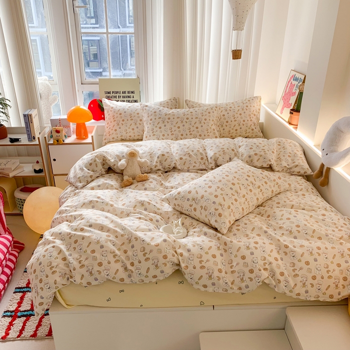 91家纺网 家纺一手货源 找家纺 澳萝拉 2025新款小碎花清新春夏全棉花边双层纱韩系三件套四件套 厨师小狗