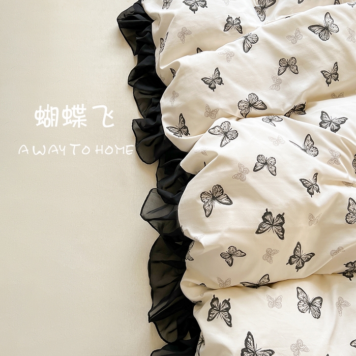 91家纺网 家纺一手货源 找家纺 眠势力 2025新款赫本风被套韩版荷叶花边被罩四季款 蝴蝶飞