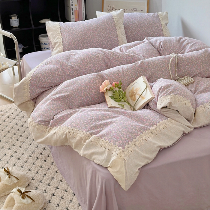 91家纺网 家纺一手货源 找家纺 澳萝拉 2025新款小碎花清新春夏全棉花边双层纱韩系三件套四件套 莫奈花园