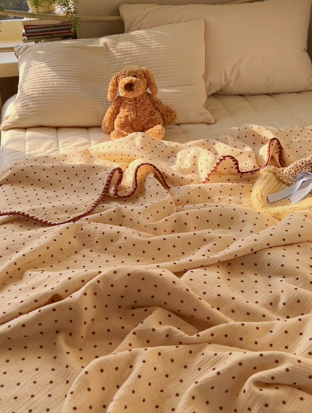 91家纺网 家纺一手货源 找家纺 三朵ins风韩国A类全棉绉绉纱多功能毯情图 小红点