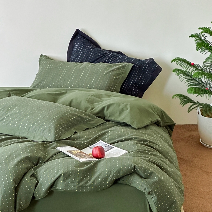 91家纺网 家纺一手货源 找家纺 云上  2025新款色织小提花方糖水洗棉四件套 方糖-军绿