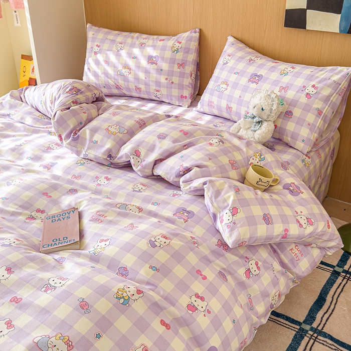 91家纺网 家纺一手货源 找家纺 感遇全棉软萌清新四件套 紫格猫咪