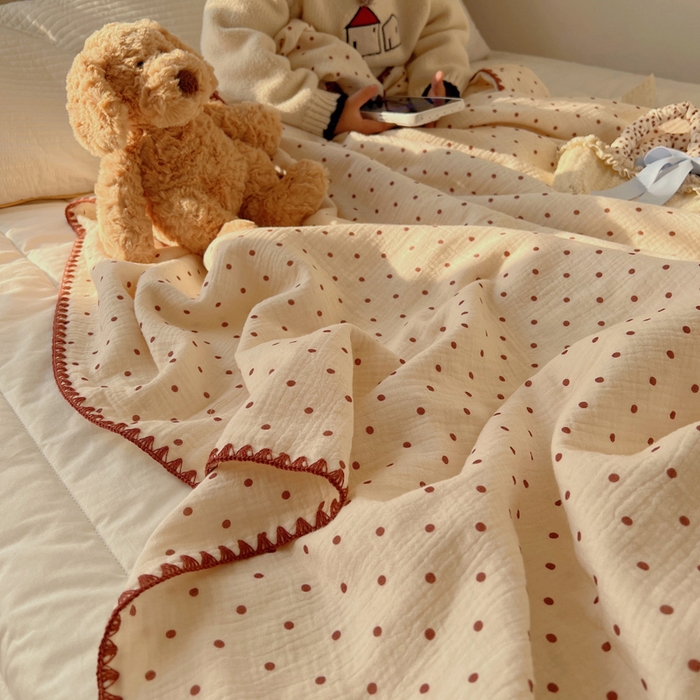 91家纺网 家纺一手货源 找家纺 三朵ins风韩国A类全棉绉绉纱多功能毯情图 小红点