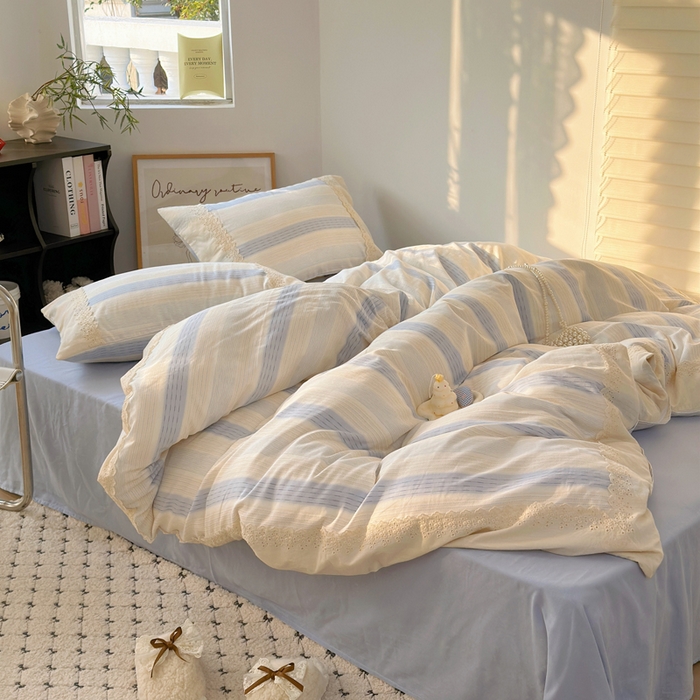 91家纺网 家纺一手货源 找家纺 澳萝拉 2025新款小碎花清新春夏全棉花边双层纱韩系三件套四件套 可露丽-蓝