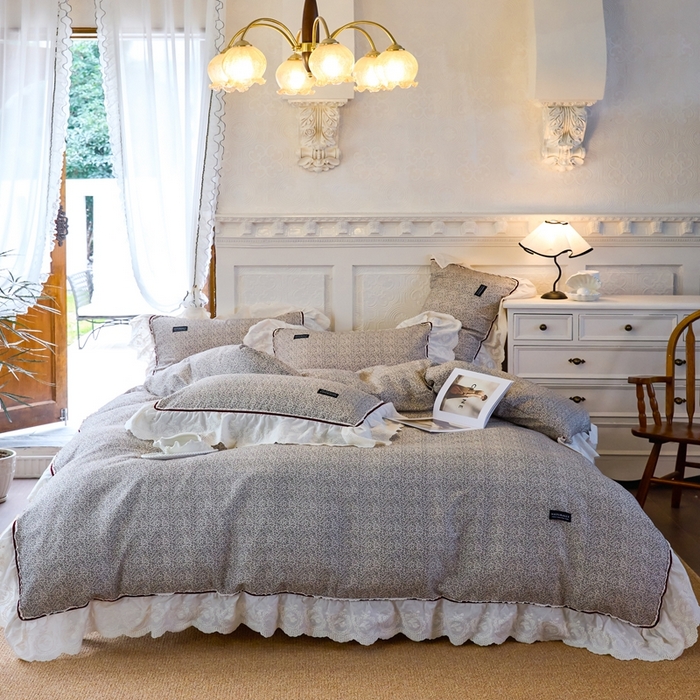 91家纺网 家纺一手货源 找家纺 久典2025A类法式复古双层纱织带贴边花边款四件套 秘境