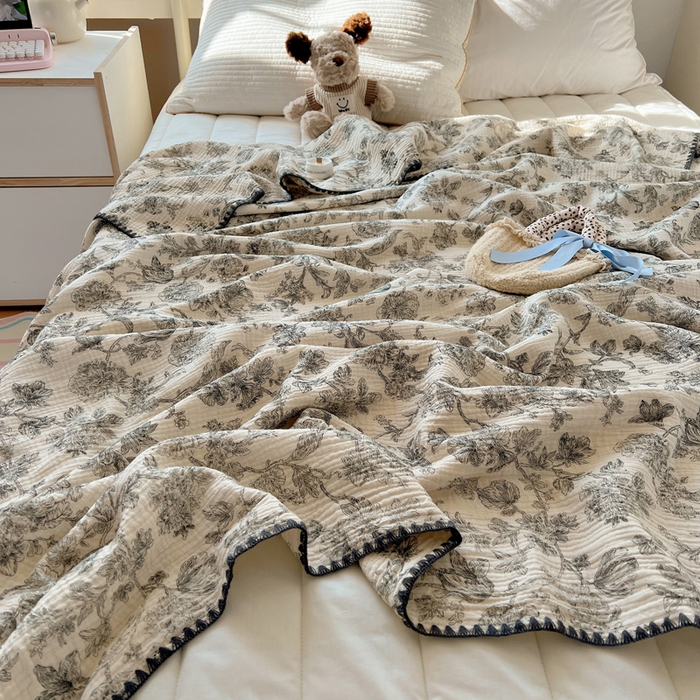 91家纺网 家纺一手货源 找家纺 三朵ins风韩国A类全棉绉绉纱多功能毯情图 迷雾森林