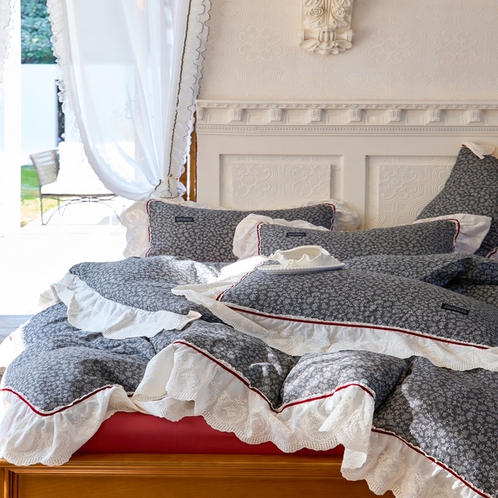 91家纺网 家纺一手货源 找家纺 久典2025A类法式复古双层纱织带贴边花边款四件套 莫奈