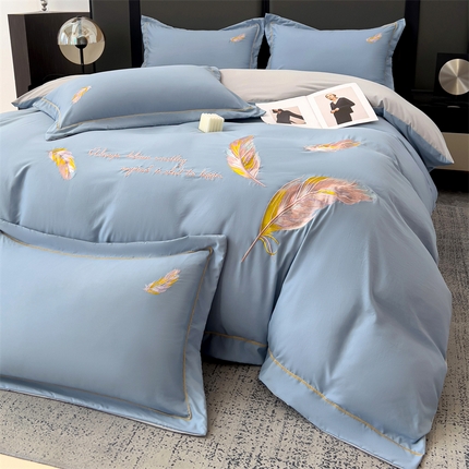 灰鲸 2025新款A类轻奢水洗棉刺绣四件套-邂逅 邂逅-宾利蓝+纳多灰