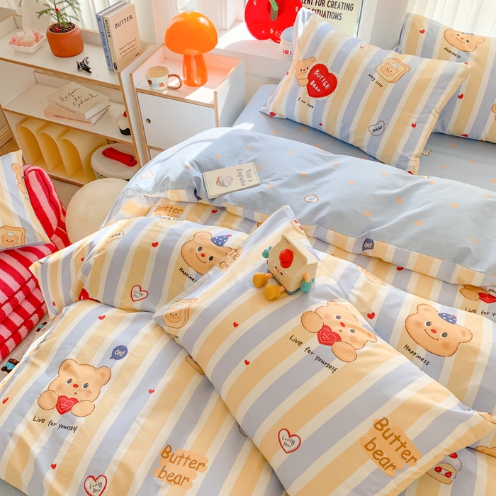 91家纺网 家纺一手货源 找家纺 澳萝拉 2025新款小碎花清新春夏全棉花边双层纱韩系三件套四件套 蛋糕小熊