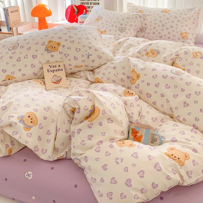 91家纺网 家纺一手货源 找家纺 澳萝拉 2025新款小碎花清新春夏全棉花边双层纱韩系三件套四件套 豹纹小熊