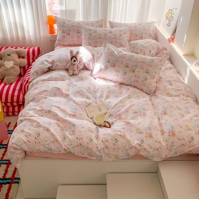 91家纺网 家纺一手货源 找家纺 澳萝拉 2025新款小碎花清新春夏全棉花边双层纱韩系三件套四件套 粉粉日记