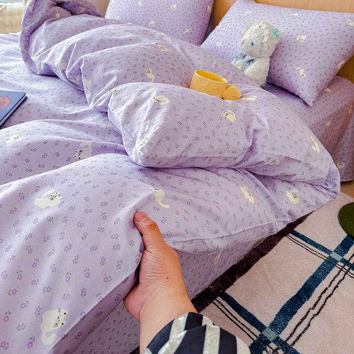 91家纺网 家纺一手货源 找家纺 感遇全棉软萌清新四件套 紫花猫