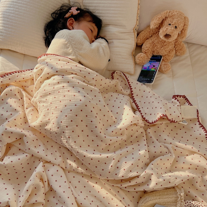 91家纺网 家纺一手货源 找家纺 三朵ins风韩国A类全棉绉绉纱多功能毯情图 小红点