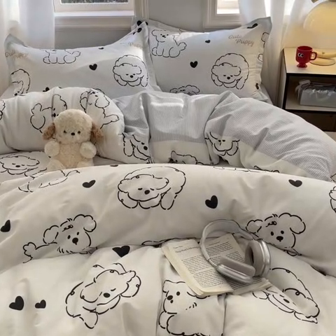 91家纺网 家纺一手货源 找家纺 涵宸家纺 2025新款全棉印花四件套 B呆萌小狗