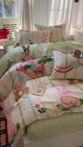 91家纺网 家纺一手货源 找家纺 澳萝拉 2025新款小碎花清新春夏全棉花边双层纱韩系三件套四件套 开心农场