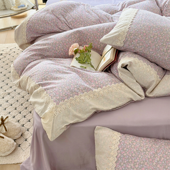 91家纺网 家纺一手货源 找家纺 澳萝拉 2025新款小碎花清新春夏全棉花边双层纱韩系三件套四件套 莫奈花园