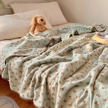91家纺网 家纺一手货源 找家纺 三朵ins风韩国A类全棉绉绉纱多功能毯情图 俏皮小熊