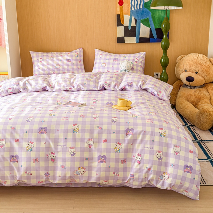 91家纺网 家纺一手货源 找家纺 感遇全棉软萌清新四件套 紫格猫咪