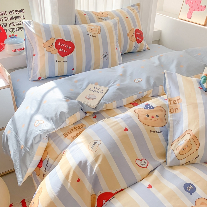 91家纺网 家纺一手货源 找家纺 澳萝拉 2025新款小碎花清新春夏全棉花边双层纱韩系三件套四件套 蛋糕小熊