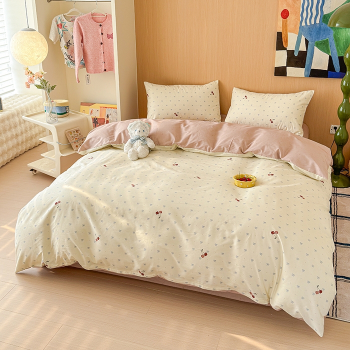 91家纺网 家纺一手货源 找家纺 感遇全棉软萌清新四件套 樱桃桃