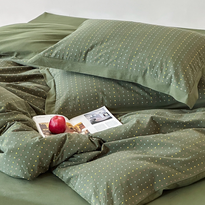 91家纺网 家纺一手货源 找家纺 云上  2025新款色织小提花方糖水洗棉四件套 方糖-军绿