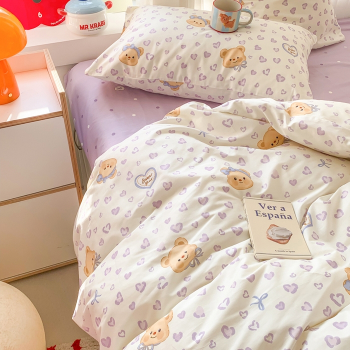 91家纺网 家纺一手货源 找家纺 澳萝拉 2025新款小碎花清新春夏全棉花边双层纱韩系三件套四件套 豹纹小熊