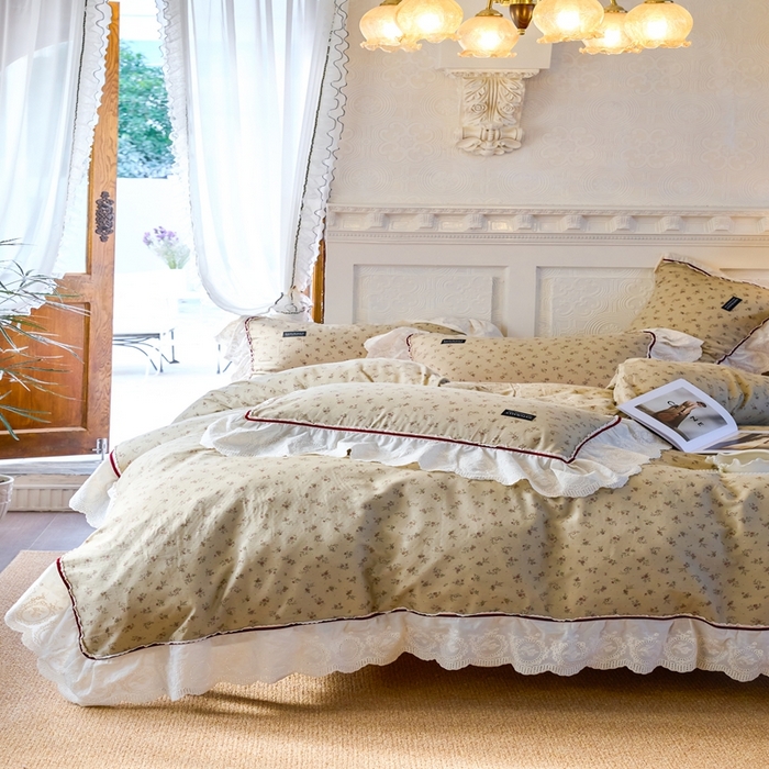 91家纺网 家纺一手货源 找家纺 久典2025A类法式复古双层纱织带贴边花边款四件套 木槿